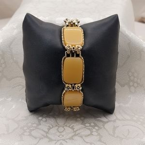 50’s Yellow Lucite Plastic And Gold Metal Bracelet Enamel Flowers